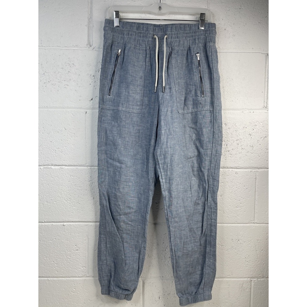 Athleta Cabo Linen Jogger Pants Blue Chambray Sz 4 Elastic Waist Zipper Pockets